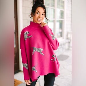 Hot Pink Leopard Sweater M/L | Bold Animal Print Mock Neck Cozy Knit Pullover